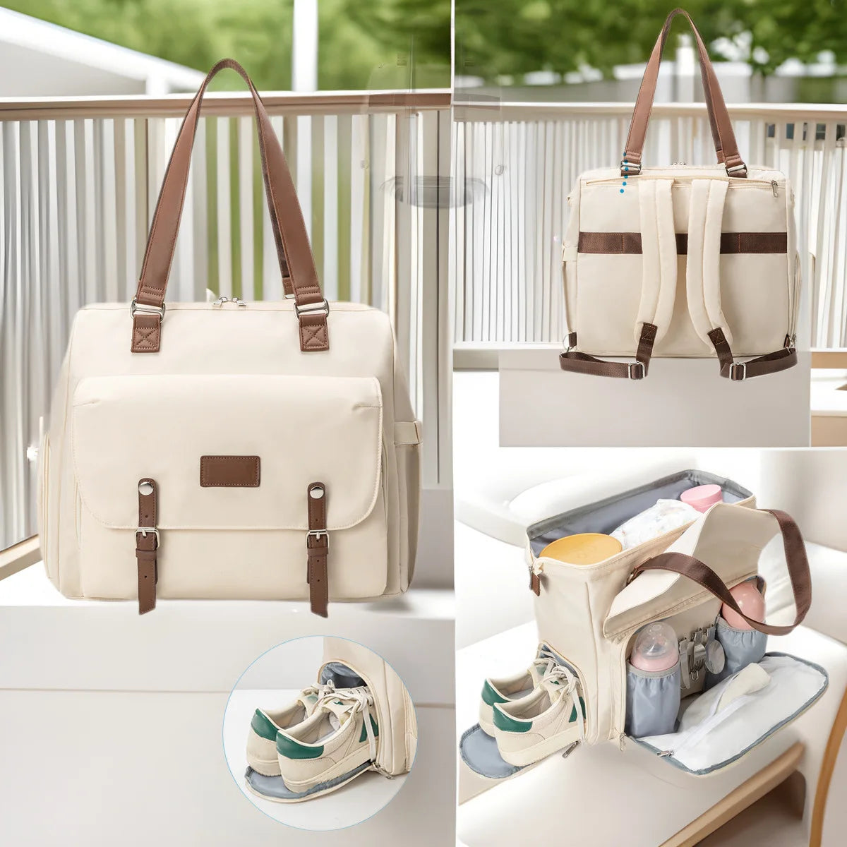 Sac à dos en nylon pour femme – Grand format, imperméable, idéal pour les sorties et les voyages (style sac à langer) – Design avec logos