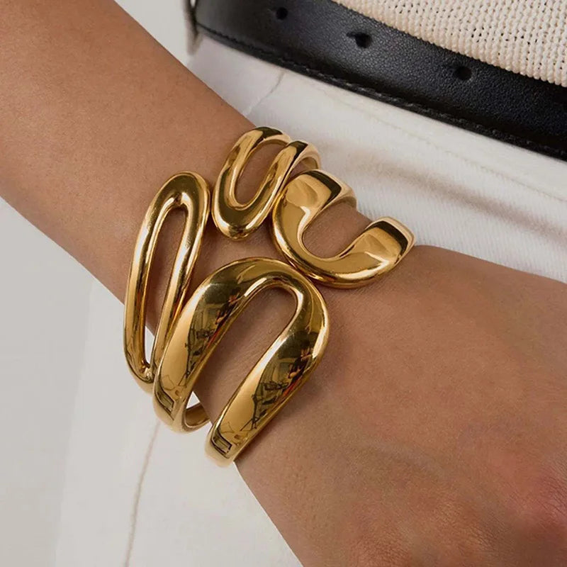 Double Layers Hollow Metal Wide Bracelet Bangle Stainless Steel Waterproof Wrist Jewelry Women Adjustable Cuff Bracelet Bangle